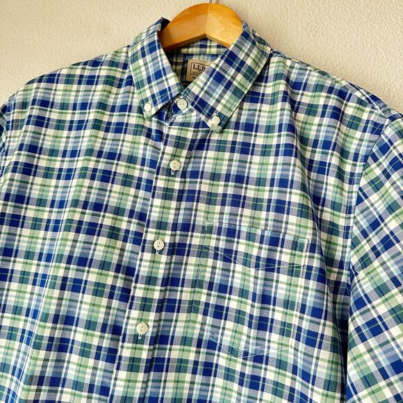 LL Bean Men's Button Shirt Traditional Fit Plaid Short Sleeve Blue Green Pocket - Picture 3 of 5